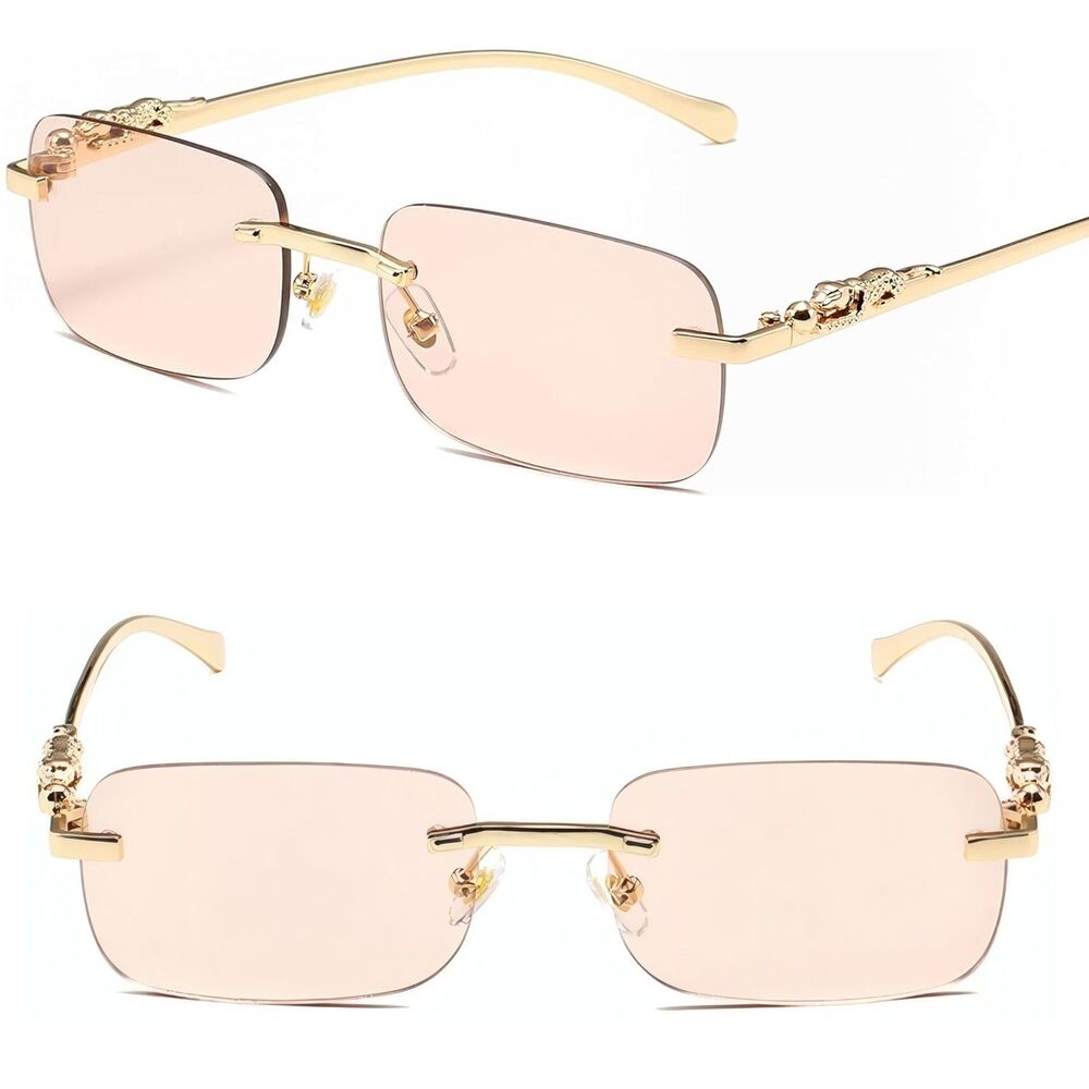 Women's Gold Pink Rimless Rectangle Metal Minimalist Chic Fashion Sunglasses